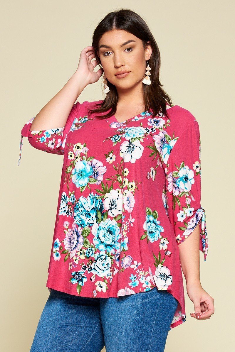 Plus Size Spring Floral Printed High Low, V Neck Fashion Swing Top